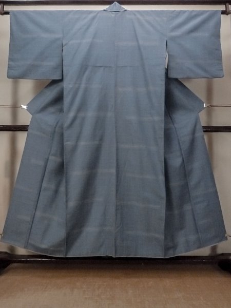 Photo1: O1209N Vintage Japanese kimono Pale Navy Blue TSUMUGI pongee for women / Silk. Plaid Checks (Grade B) (1)