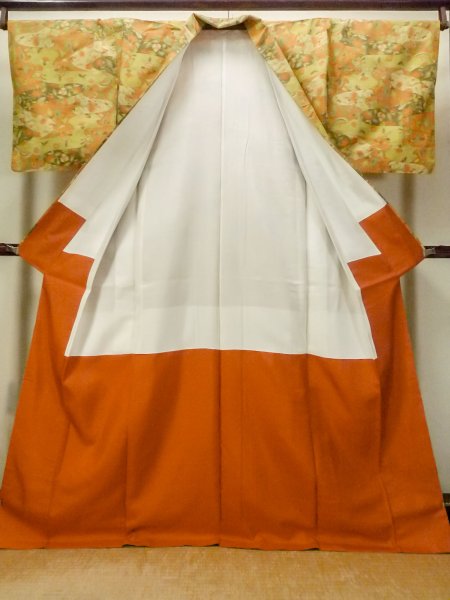 Photo2: O1209P Vintage Japanese kimono Orange OJIYATSUMUGI for women / Silk. Flower (Grade A) (2)