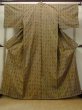 Photo1: O1209Q Vintage Japanese kimono Grayish Yellowish Brown TSUMUGI pongee for women / Silk. Geometrical pattern (Grade A) (1)