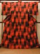 Photo1: O1209R Vintage Japanese kimono Vivid Vermilion TSUMUGI pongee for women / Silk. Plaid Checks (Grade A) (1)