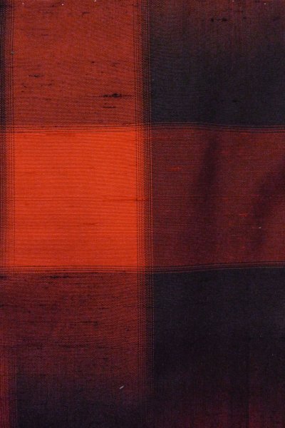 Photo5: O1209R Vintage Japanese kimono Vivid Vermilion TSUMUGI pongee for women / Silk. Plaid Checks (Grade A) (5)