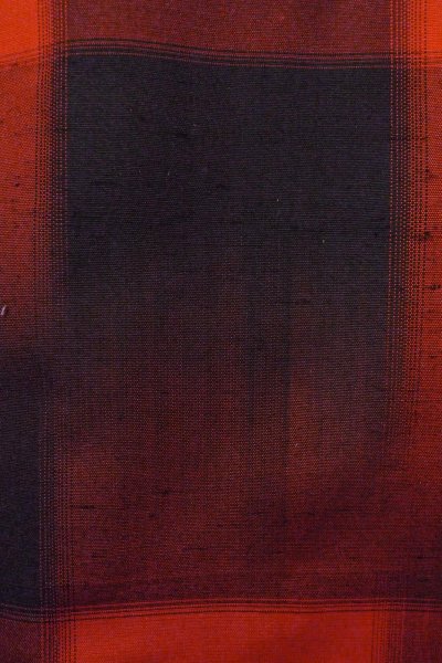 Photo6: O1209R Vintage Japanese kimono Vivid Vermilion TSUMUGI pongee for women / Silk. Plaid Checks (Grade A) (6)