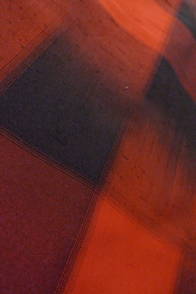 Photo8: O1209R Vintage Japanese kimono Vivid Vermilion TSUMUGI pongee for women / Silk. Plaid Checks (Grade A) (8)
