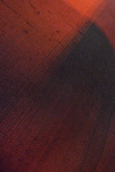 Photo9: O1209R Vintage Japanese kimono Vivid Vermilion TSUMUGI pongee for women / Silk. Plaid Checks (Grade A) (9)