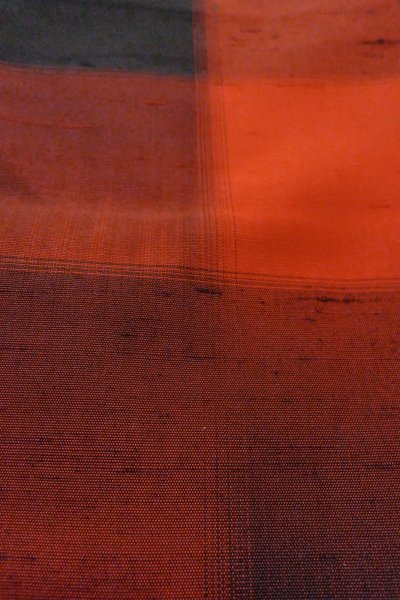 Photo10: O1209R Vintage Japanese kimono Vivid Vermilion TSUMUGI pongee for women / Silk. Plaid Checks (Grade A) (10)