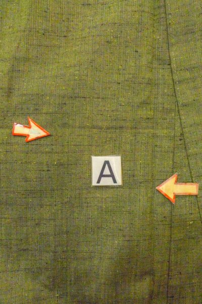 Photo12: O1209T Vintage Japanese kimono Grayish Green TSUMUGI pongee for women / Silk. Line (Grade B) (12)