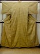 Photo1: O1209Y Vintage Japanese kimono Yellowish Olive TSUMUGI pongee for women / Silk. Line (Grade D) (1)