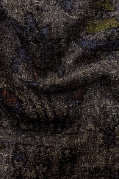 Photo11: O1209Z Vintage Japanese kimono Dark Gray TSUMUGI pongee for women / Silk. Flower (Grade C) (11)