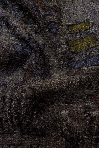 Photo12: O1209Z Vintage Japanese kimono Dark Gray TSUMUGI pongee for women / Silk. Flower (Grade C) (12)