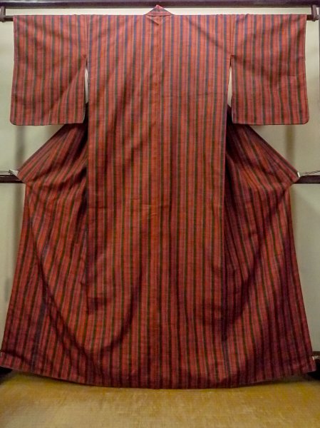 Photo1: Mint O1210B Vintage Japanese kimono Vermilion TSUMUGI pongee for women / Silk. Stripes (Grade A) (1)