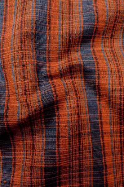 Photo11: Mint O1210B Vintage Japanese kimono Vermilion TSUMUGI pongee for women / Silk. Stripes (Grade A) (11)