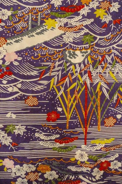 Photo4: O1225A Antique Japanese kimono Dark Purple Kimono for Girls for women / Silk. SAKURA cherry blossom, The thread is partially loose. (Grade D) (4)