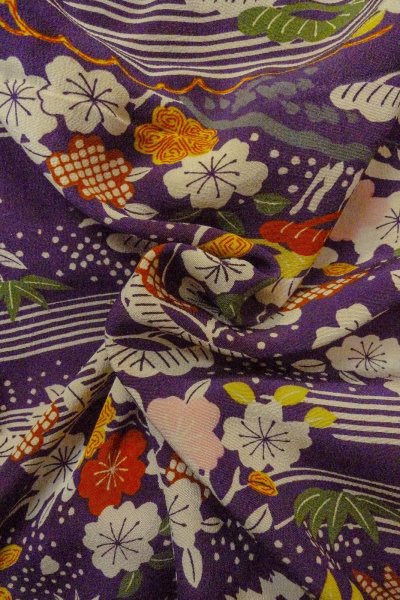 Photo12: O1225A Antique Japanese kimono Dark Purple Kimono for Girls for women / Silk. SAKURA cherry blossom, The thread is partially loose. (Grade D) (12)