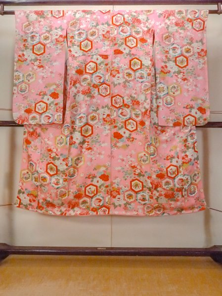 Photo1: O1225B Antique Japanese kimono Shiny Pink Kimono for Girls for women / Silk. Peony, The thread is partially loose. (Grade C) (1)