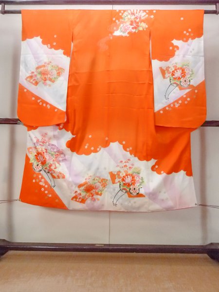Photo1: O1225H Vintage Japanese kimono Vivid Orange Kimono for Girls for women / Silk. SAKURA cherry blossom, Flower cart pattern, More damages. (Grade D) (1)