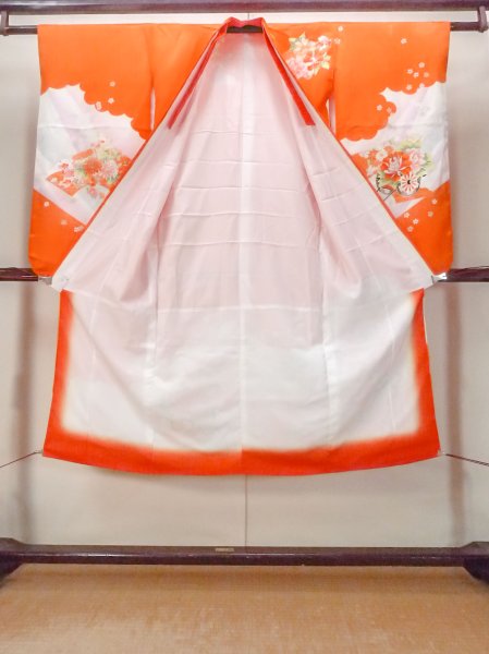 Photo2: O1225H Vintage Japanese kimono Vivid Orange Kimono for Girls for women / Silk. SAKURA cherry blossom, Flower cart pattern, More damages. (Grade D) (2)