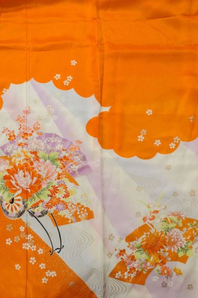 Photo3: O1225H Vintage Japanese kimono Vivid Orange Kimono for Girls for women / Silk. SAKURA cherry blossom, Flower cart pattern, More damages. (Grade D) (3)