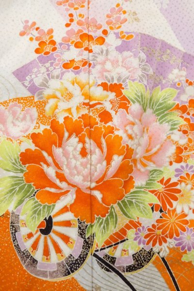 Photo5: O1225H Vintage Japanese kimono Vivid Orange Kimono for Girls for women / Silk. SAKURA cherry blossom, Flower cart pattern, More damages. (Grade D) (5)