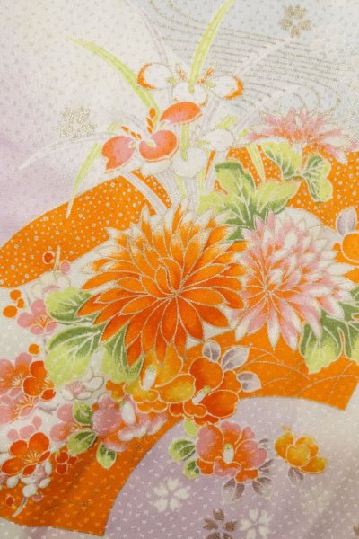 Photo6: O1225H Vintage Japanese kimono Vivid Orange Kimono for Girls for women / Silk. SAKURA cherry blossom, Flower cart pattern, More damages. (Grade D) (6)