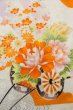 Photo7: O1225H Vintage Japanese kimono Vivid Orange Kimono for Girls for women / Silk. SAKURA cherry blossom, Flower cart pattern, More damages. (Grade D) (7)