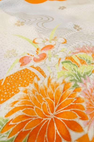 Photo9: O1225H Vintage Japanese kimono Vivid Orange Kimono for Girls for women / Silk. SAKURA cherry blossom, Flower cart pattern, More damages. (Grade D) (9)