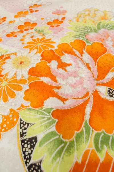 Photo10: O1225H Vintage Japanese kimono Vivid Orange Kimono for Girls for women / Silk. SAKURA cherry blossom, Flower cart pattern, More damages. (Grade D) (10)