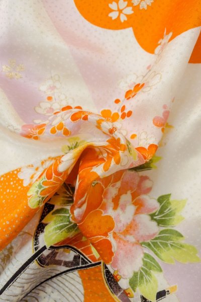 Photo11: O1225H Vintage Japanese kimono Vivid Orange Kimono for Girls for women / Silk. SAKURA cherry blossom, Flower cart pattern, More damages. (Grade D) (11)
