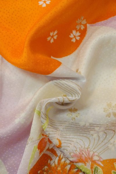 Photo12: O1225H Vintage Japanese kimono Vivid Orange Kimono for Girls for women / Silk. SAKURA cherry blossom, Flower cart pattern, More damages. (Grade D) (12)