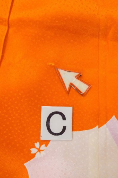 Photo16: O1225H Vintage Japanese kimono Vivid Orange Kimono for Girls for women / Silk. SAKURA cherry blossom, Flower cart pattern, More damages. (Grade D) (16)