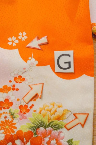 Photo20: O1225H Vintage Japanese kimono Vivid Orange Kimono for Girls for women / Silk. SAKURA cherry blossom, Flower cart pattern, More damages. (Grade D) (20)