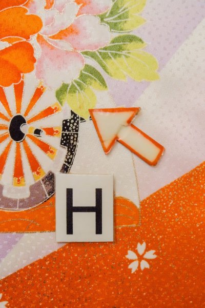 Photo21: O1225H Vintage Japanese kimono Vivid Orange Kimono for Girls for women / Silk. SAKURA cherry blossom, Flower cart pattern, More damages. (Grade D) (21)