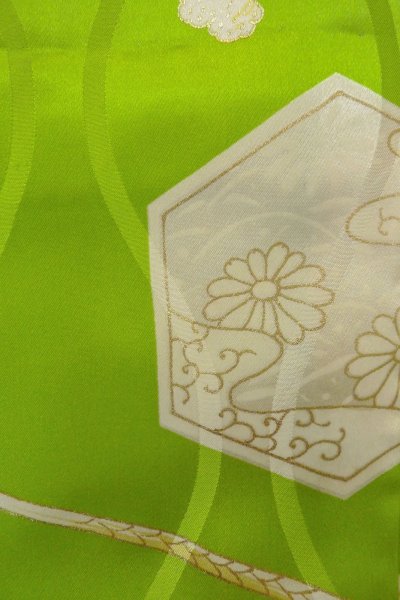 Photo7: O1225I Vintage Japanese kimono Shiny Yellowish Green Kimono for Girls for women / Silk. Chrysanthemum, Set with O1225J (Grade B) (7)
