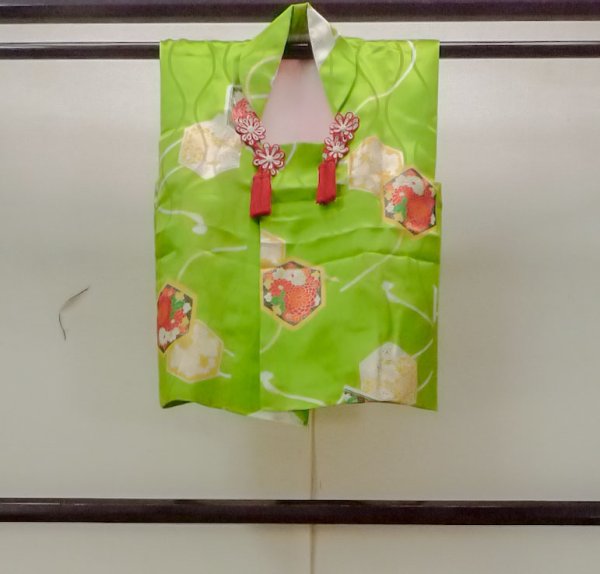 Photo1: Mint O1225J Vintage Japanese kimono Shiny Yellowish Green Kimono for Girls for women / Silk. Chrysanthemum, Set with O1225I (Grade A) (1)