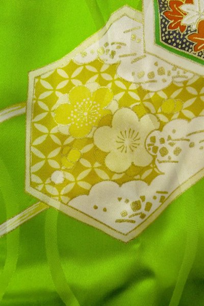 Photo7: Mint O1225J Vintage Japanese kimono Shiny Yellowish Green Kimono for Girls for women / Silk. Chrysanthemum, Set with O1225I (Grade A) (7)