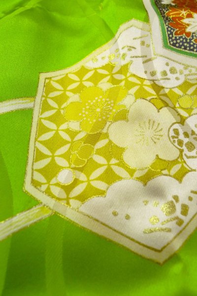 Photo9: Mint O1225J Vintage Japanese kimono Shiny Yellowish Green Kimono for Girls for women / Silk. Chrysanthemum, Set with O1225I (Grade A) (9)