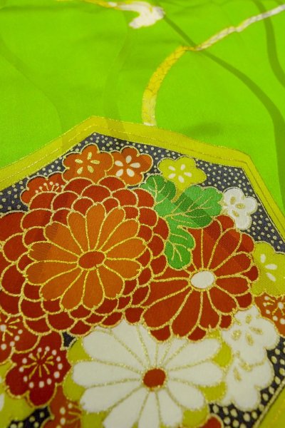 Photo10: Mint O1225J Vintage Japanese kimono Shiny Yellowish Green Kimono for Girls for women / Silk. Chrysanthemum, Set with O1225I (Grade A) (10)