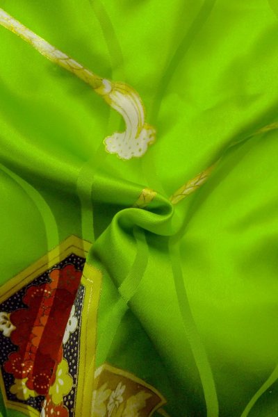 Photo12: Mint O1225J Vintage Japanese kimono Shiny Yellowish Green Kimono for Girls for women / Silk. Chrysanthemum, Set with O1225I (Grade A) (12)