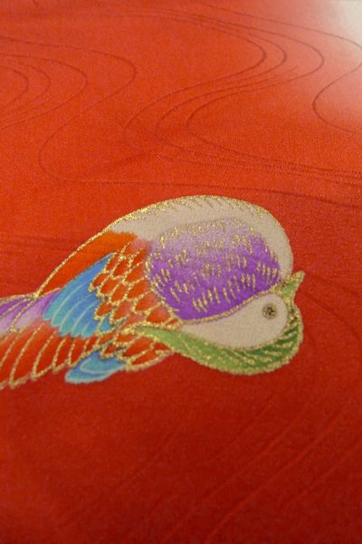 Photo10: O1225L Vintage Japanese kimono Shiny Red Kimono for Girls for women / Silk. Peony (Grade B) (10)