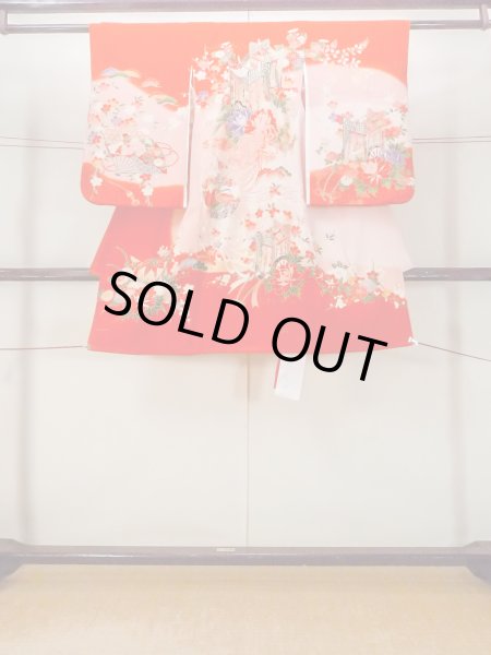Photo1: O1225N Vintage Japanese kimono Vivid Red Kimono for Girls for women / Synthetic. SAKURA cherry blossom (Grade B) (1)