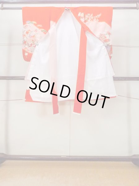Photo2: O1225N Vintage Japanese kimono Vivid Red Kimono for Girls for women / Synthetic. SAKURA cherry blossom (Grade B) (2)