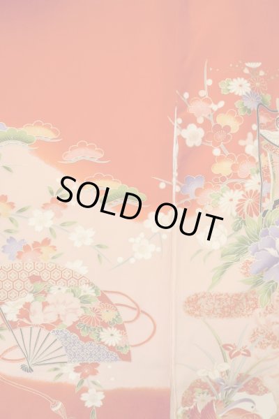 Photo3: O1225N Vintage Japanese kimono Vivid Red Kimono for Girls for women / Synthetic. SAKURA cherry blossom (Grade B) (3)