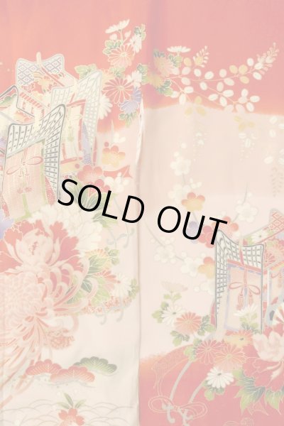 Photo4: O1225N Vintage Japanese kimono Vivid Red Kimono for Girls for women / Synthetic. SAKURA cherry blossom (Grade B) (4)