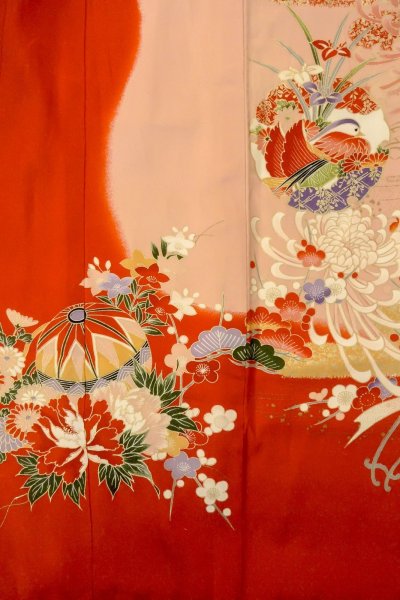 Photo5: O1225N Vintage Japanese kimono Vivid Red Kimono for Girls for women / Synthetic. SAKURA cherry blossom (Grade B) (5)