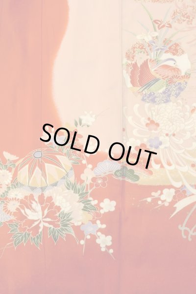 Photo5: O1225N Vintage Japanese kimono Vivid Red Kimono for Girls for women / Synthetic. SAKURA cherry blossom (Grade B) (5)