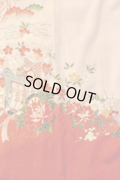 Photo6: O1225N Vintage Japanese kimono Vivid Red Kimono for Girls for women / Synthetic. SAKURA cherry blossom (Grade B) (6)