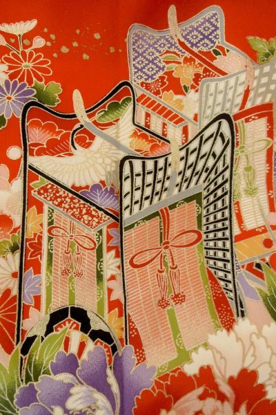 Photo7: O1225N Vintage Japanese kimono Vivid Red Kimono for Girls for women / Synthetic. SAKURA cherry blossom (Grade B) (7)