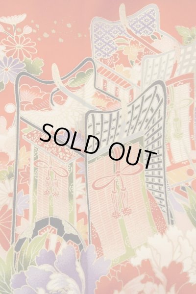 Photo7: O1225N Vintage Japanese kimono Vivid Red Kimono for Girls for women / Synthetic. SAKURA cherry blossom (Grade B) (7)