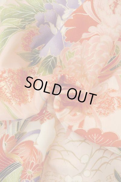 Photo12: O1225N Vintage Japanese kimono Vivid Red Kimono for Girls for women / Synthetic. SAKURA cherry blossom (Grade B) (12)