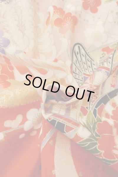 Photo13: O1225N Vintage Japanese kimono Vivid Red Kimono for Girls for women / Synthetic. SAKURA cherry blossom (Grade B) (13)