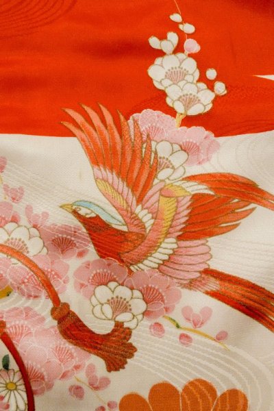 Photo7: O1225O Vintage Japanese kimono Shiny Vivid Red Kimono for Girls for women / Synthetic. Peony (Grade C) (7)